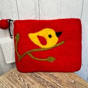 Felted Wool Red Coin Purse Wallet Cute Bird Pouch Bag NEW! Wallets Boho
